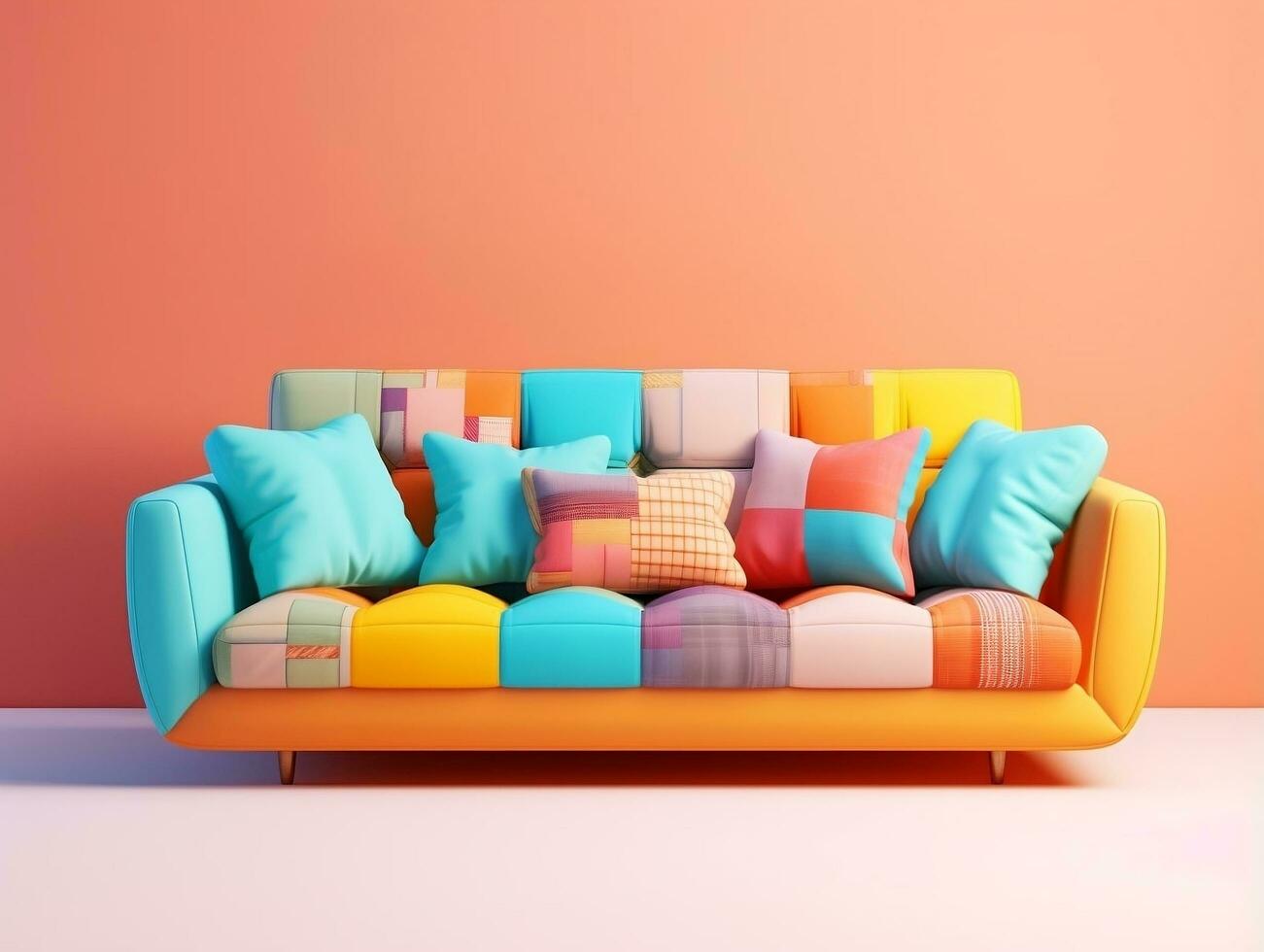 Colorful couch with colorful pillows on a light pink background AI Generative photo