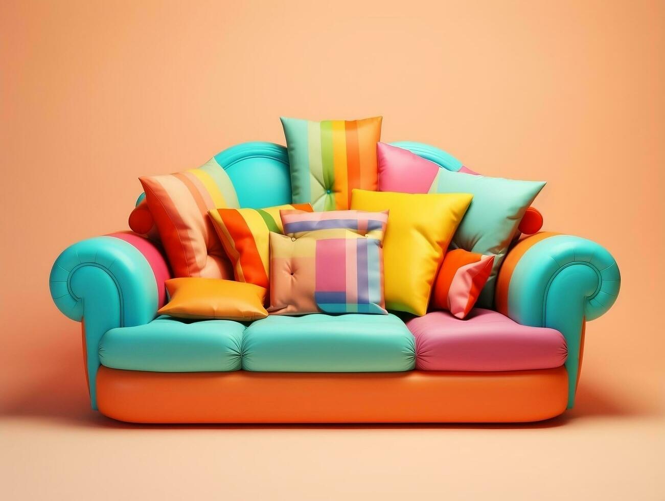 Colorful couch with colorful pillows on a light pink background AI Generative photo