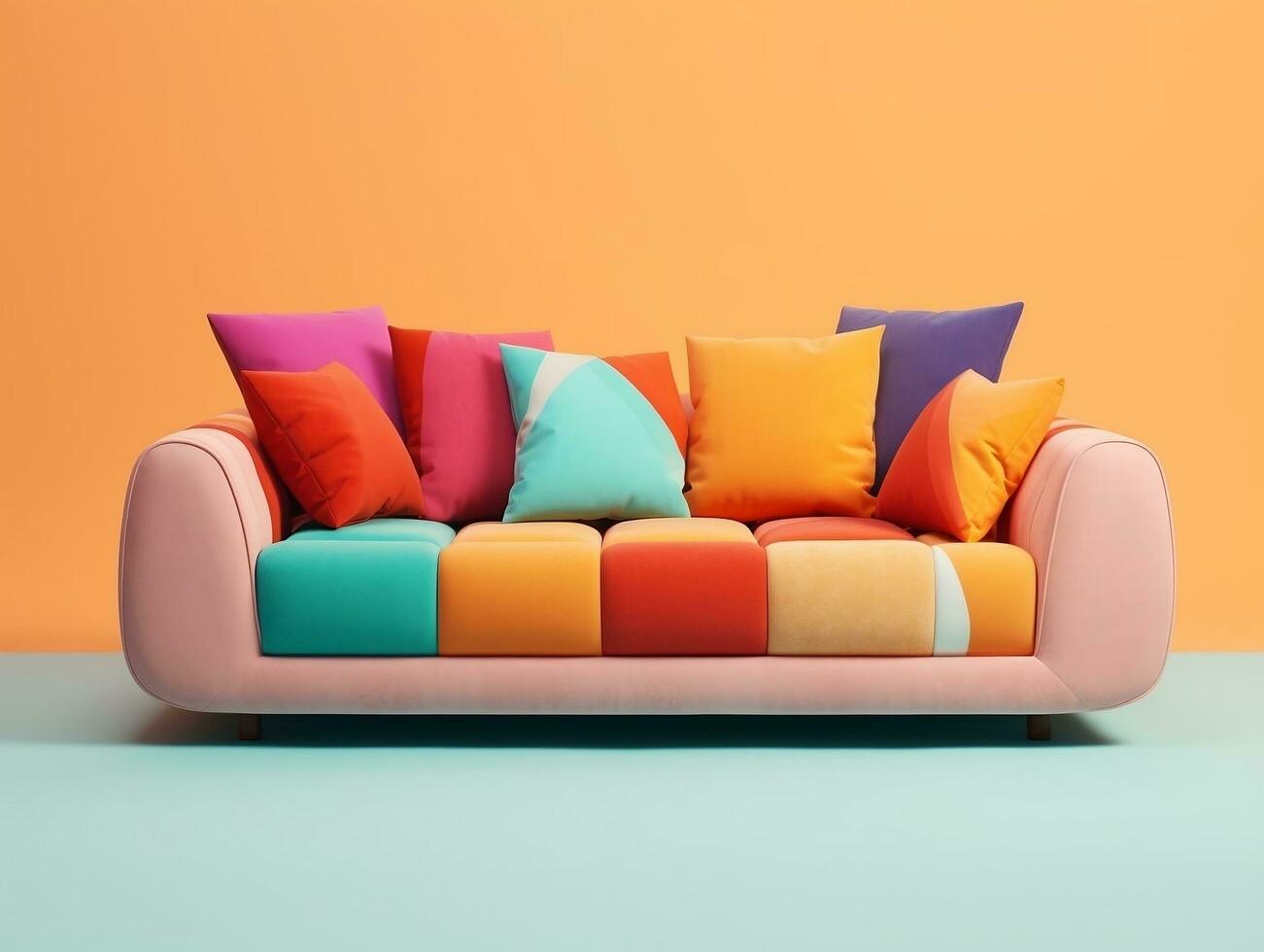 Colorful couch with colorful pillows on a light pink background AI Generative photo