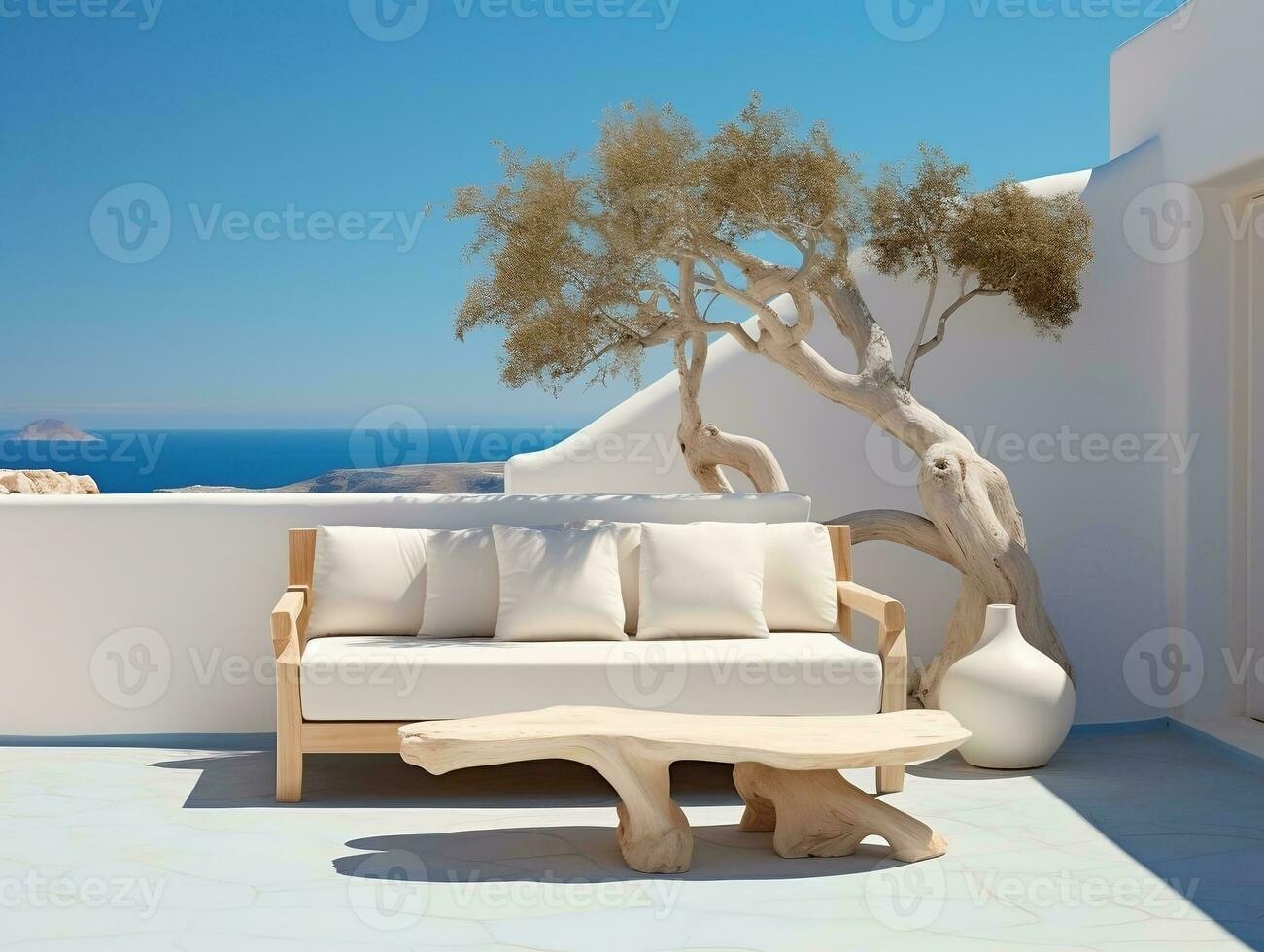 Beautiful terrace with large white wood furnishings table and couch with olive tree in pot AI Generative photo