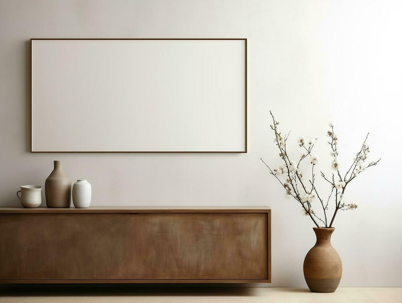 Wooden cabinet in front of white wall with blank white mockup canvas AI Generative photo