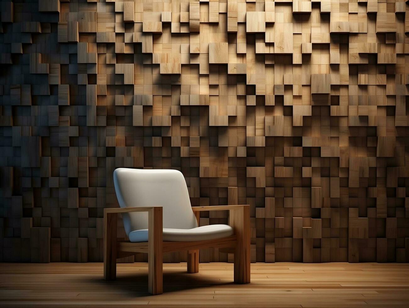Wooden block wall with a minimalist chair in front of it AI Generative photo