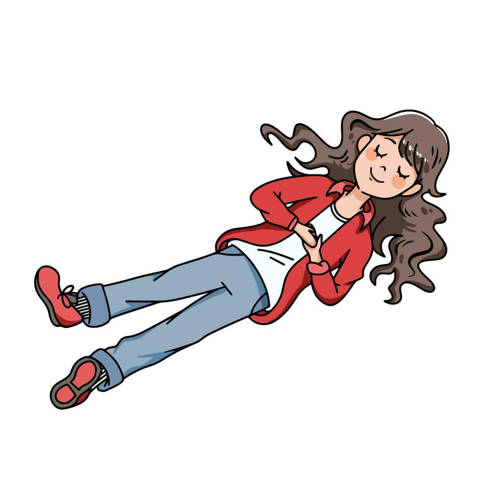 joven adolescente niña con marrón cabello, rojo camisa, y mezclilla pantalones pantalones es dormido o tomando un siesta. vector ilustración de colores aislado. sencillo plano minimalista caricaturista Arte estilizado dibujo.
