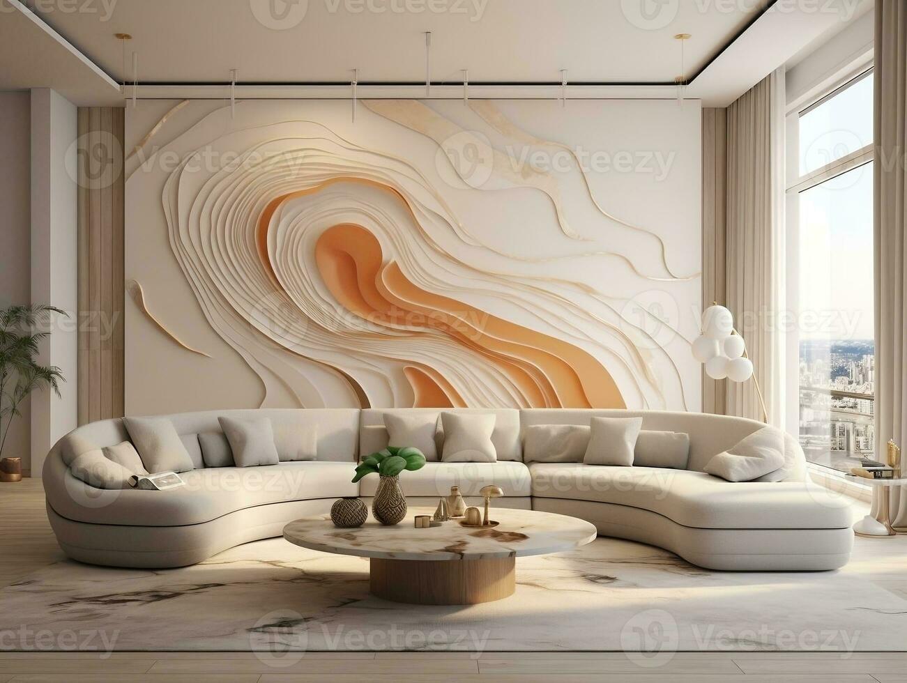 Modern living room is decorated with wall art of marble and a curved couch AI Generative photo