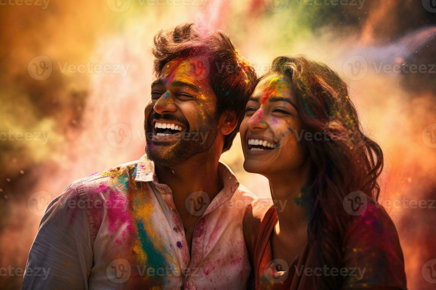 happy indian couple with holi powder on their face at holi festival bokeh style background with Generative AI photo