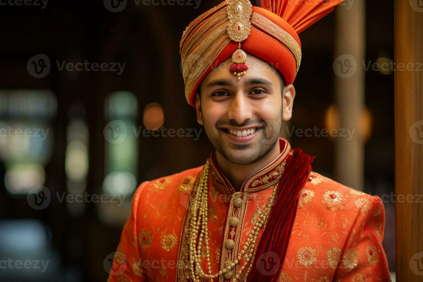 a indian groom in traditional dress smiling at the camera bokeh style background with Generative AI photo