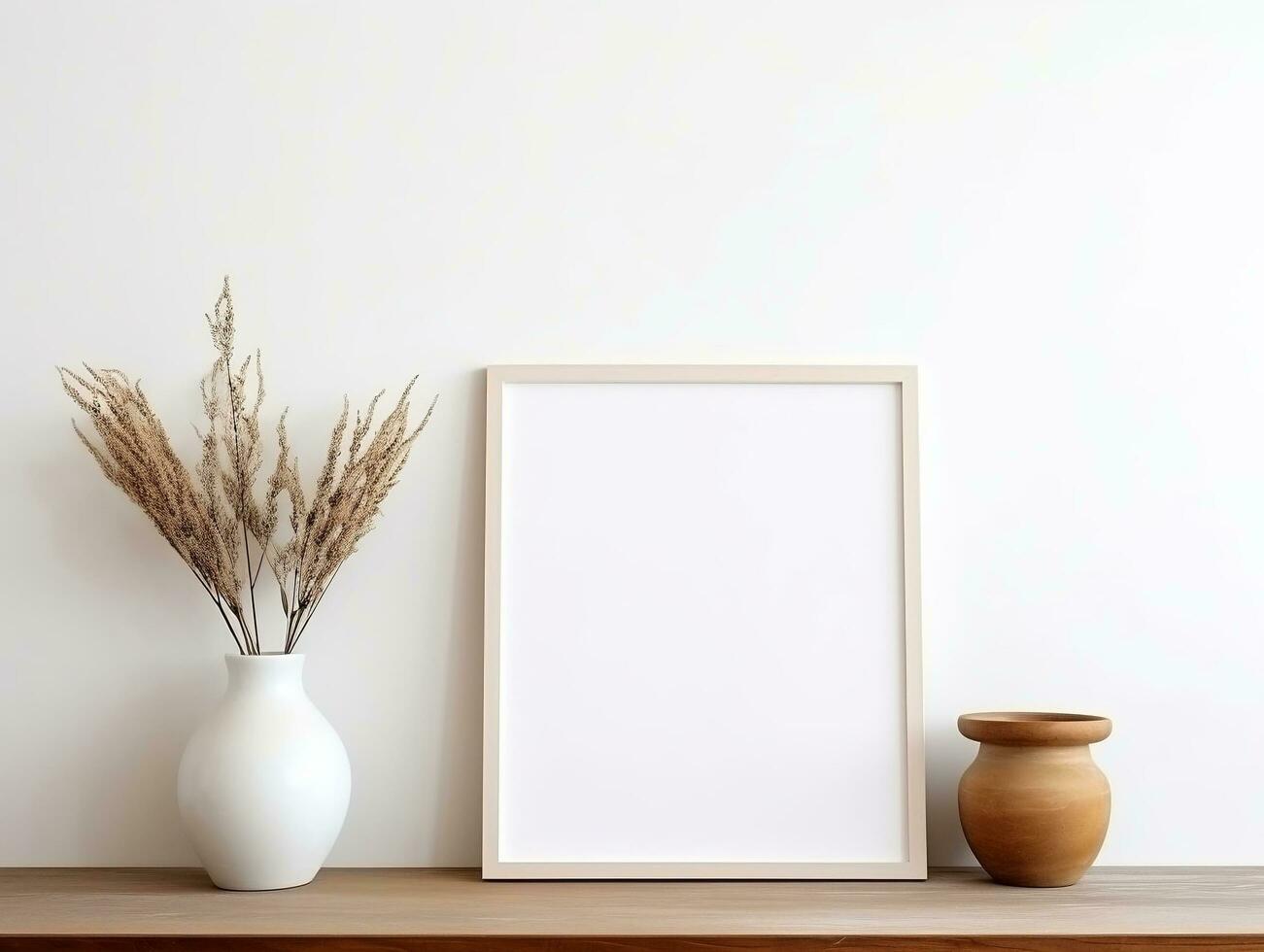 Empty mock up poster frame on wooden shelf white wall interior design AI Generative photo