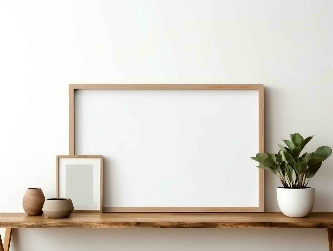 Empty mock up poster frame on wooden shelf white wall interior design AI Generative photo