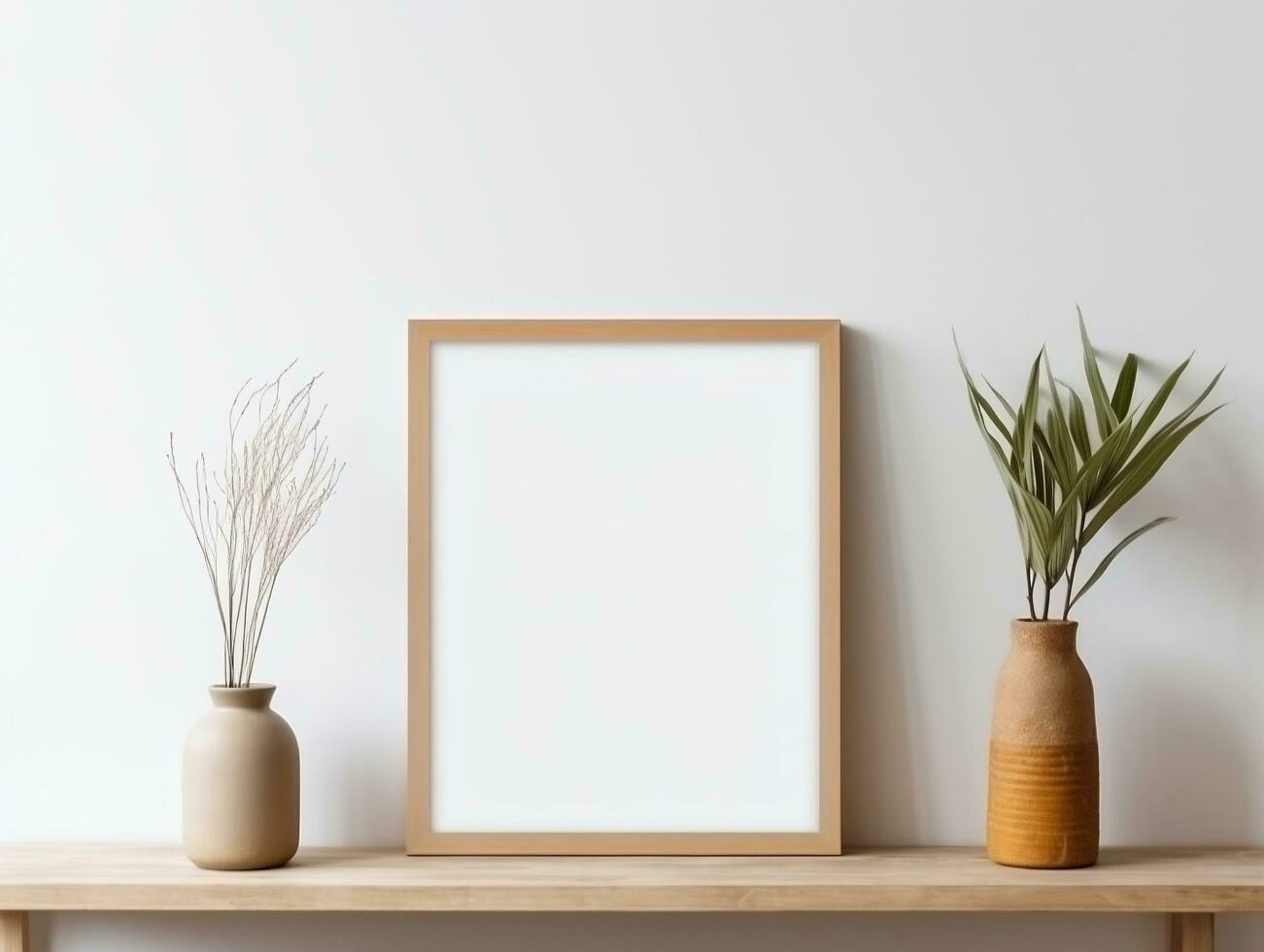 Empty mock up poster frame on wooden shelf white wall interior design AI Generative photo