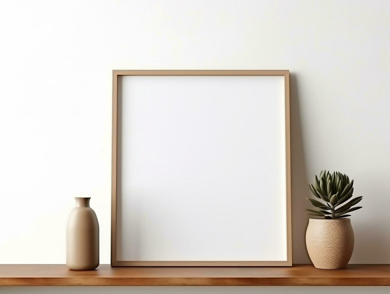 Empty mock up poster frame on wooden shelf white wall interior design AI Generative photo