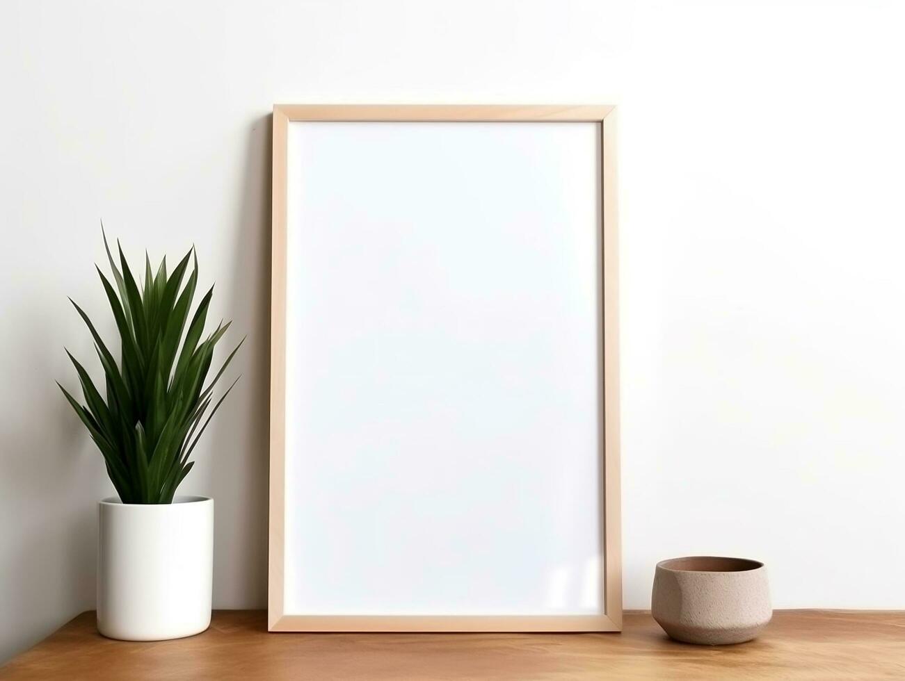 Empty mock up poster frame on wooden shelf white wall interior design AI Generative photo