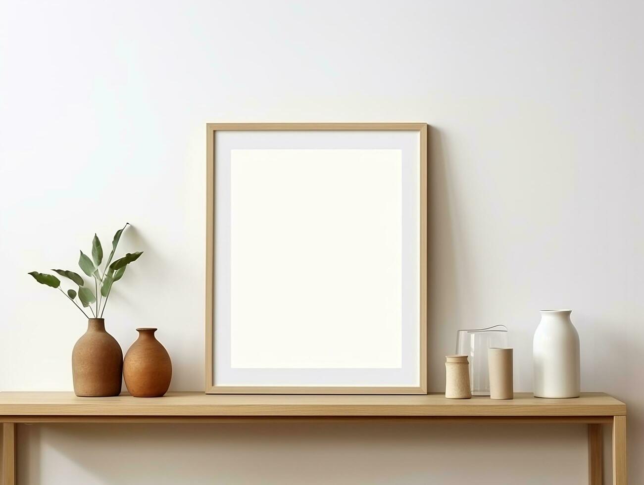 Empty mock up poster frame on wooden shelf white wall interior design AI Generative photo