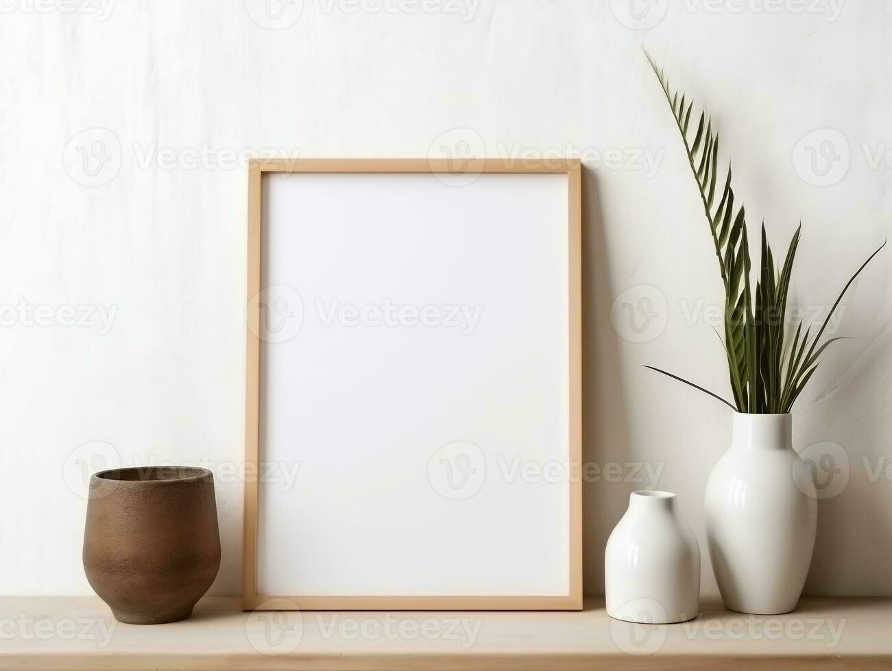 Empty mock up poster frame on wooden shelf white wall interior design AI Generative photo