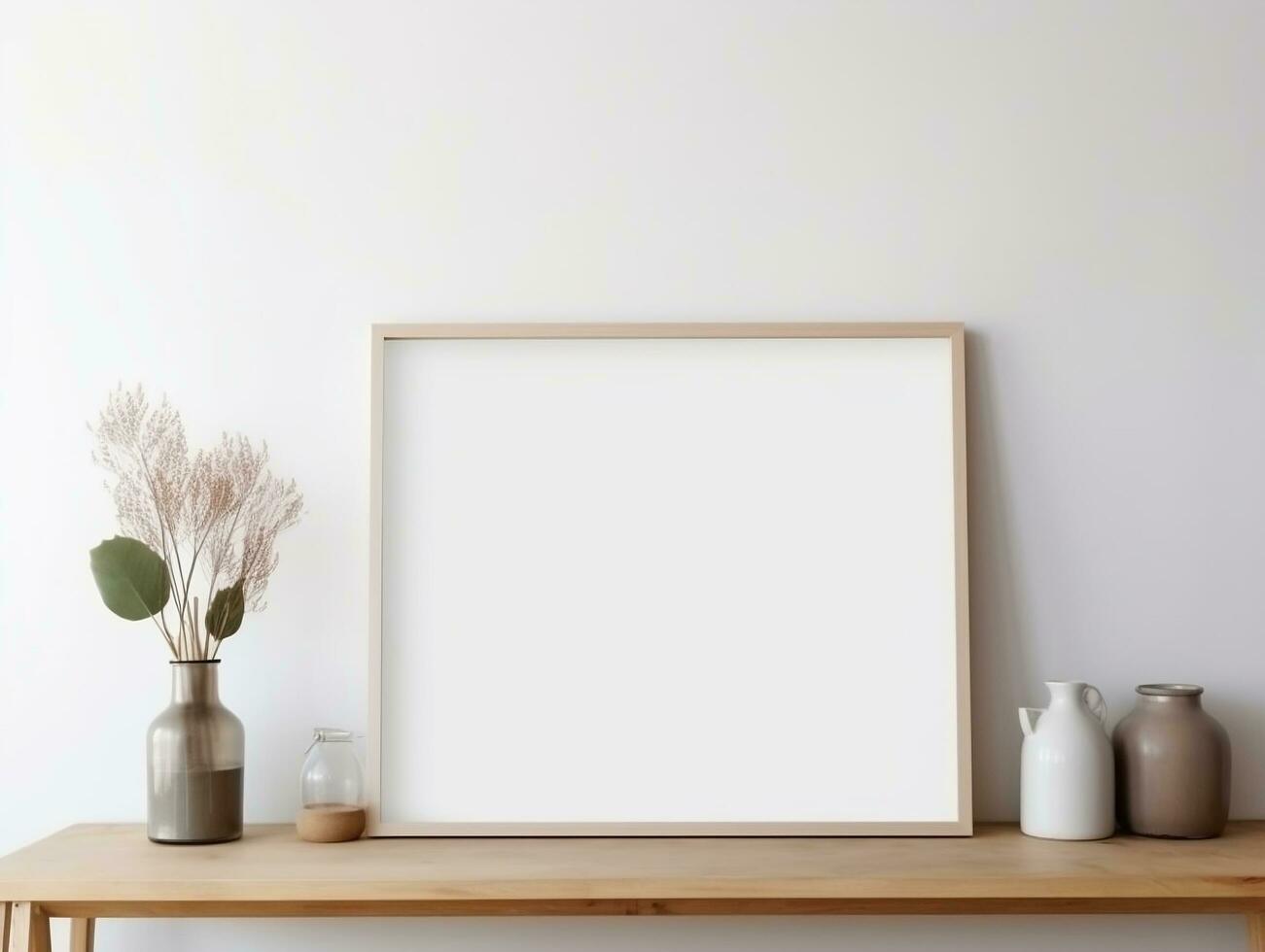 Empty mock up poster frame on wooden shelf white wall interior design AI Generative photo