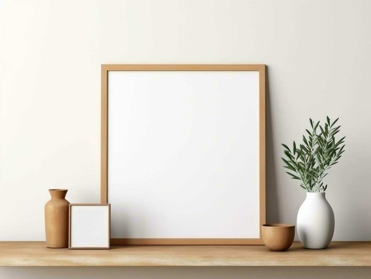 Empty mock up poster frame on wooden shelf white wall interior design AI Generative photo