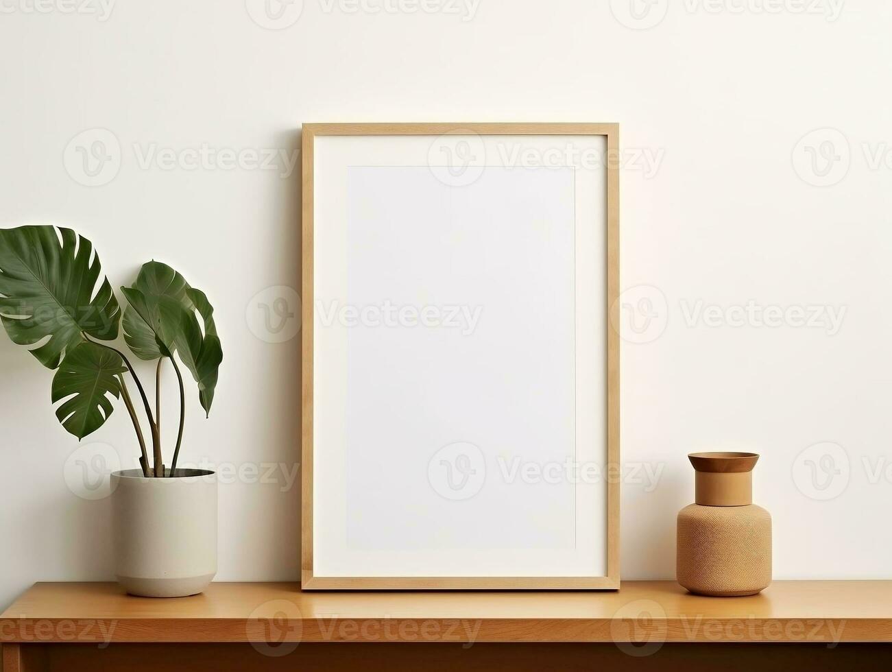 Empty mock up poster frame on wooden shelf white wall interior design AI Generative photo
