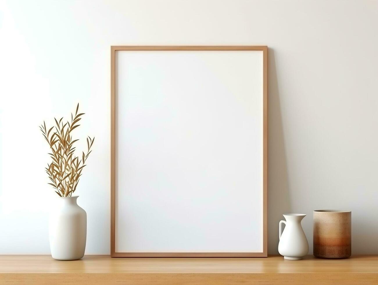 Empty mock up poster frame on wooden shelf white wall interior design AI Generative photo