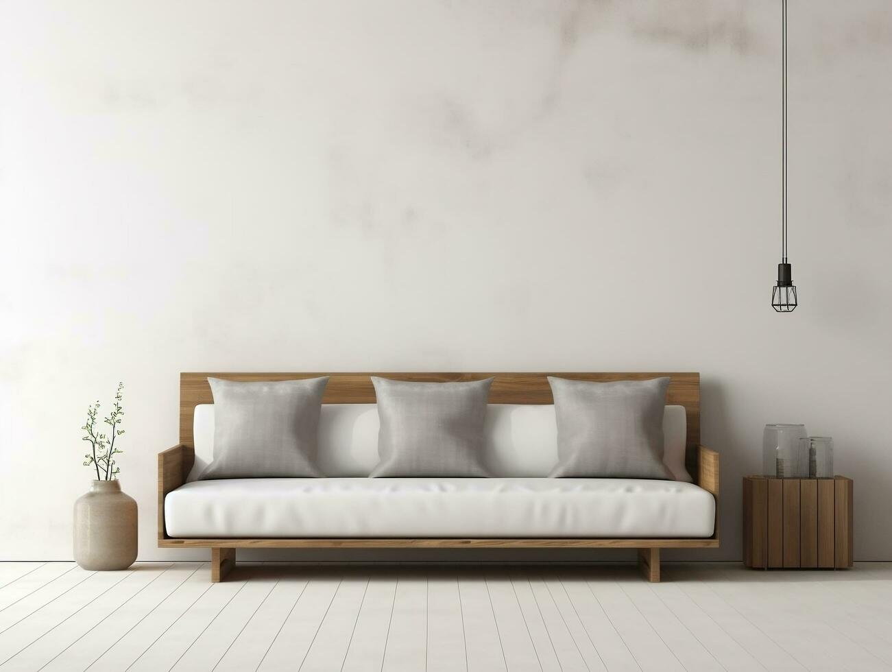 Modern white wall empty room with a couch and pillows AI Generative photo