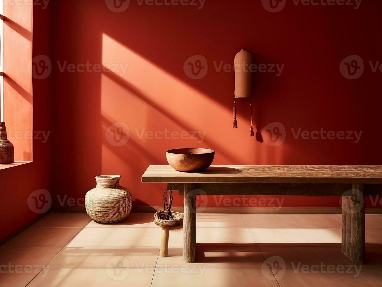 moderno habitación con rojo paredes y de madera banco ai generativo foto