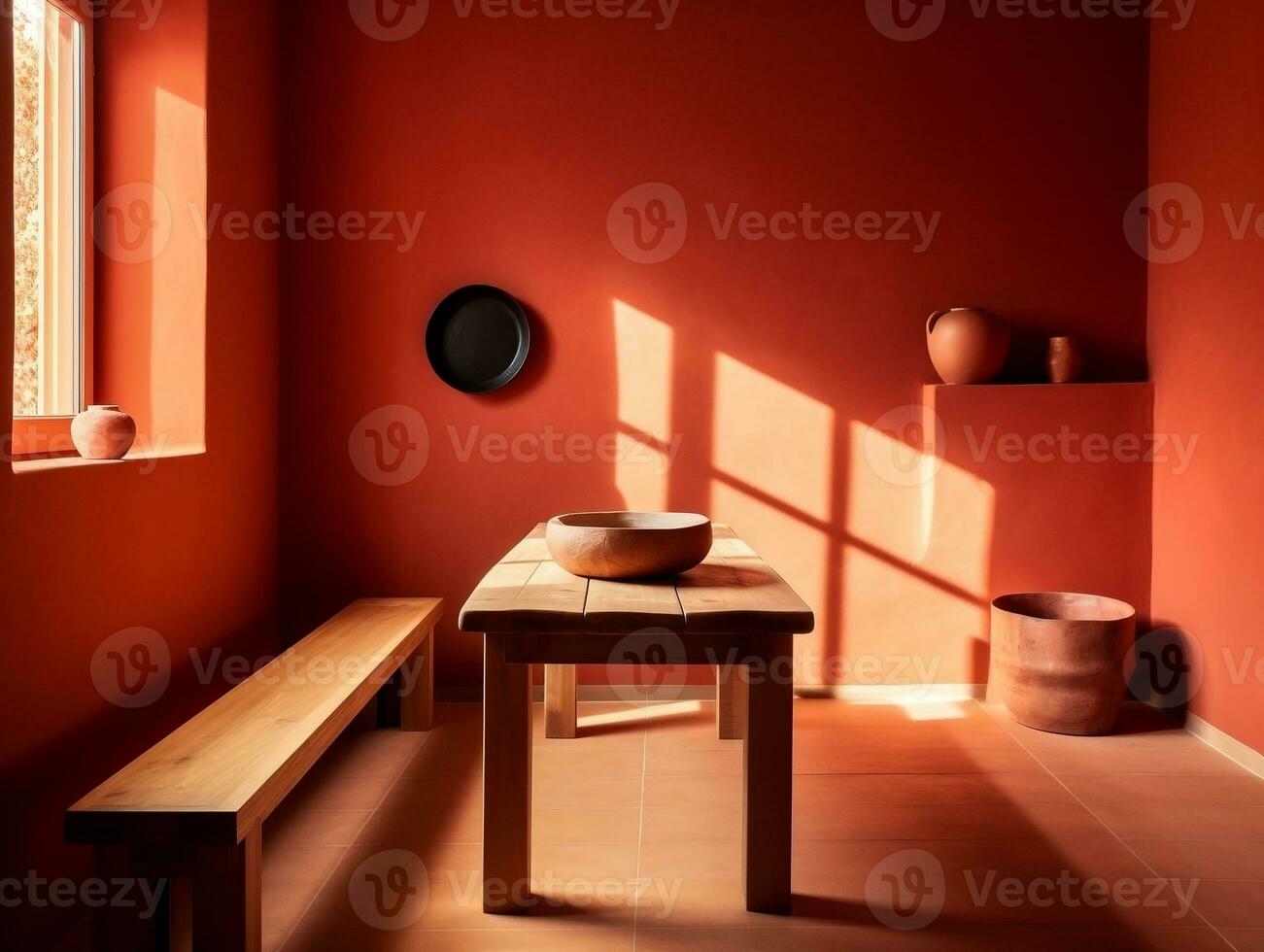 moderno habitación con rojo paredes y de madera banco ai generativo foto