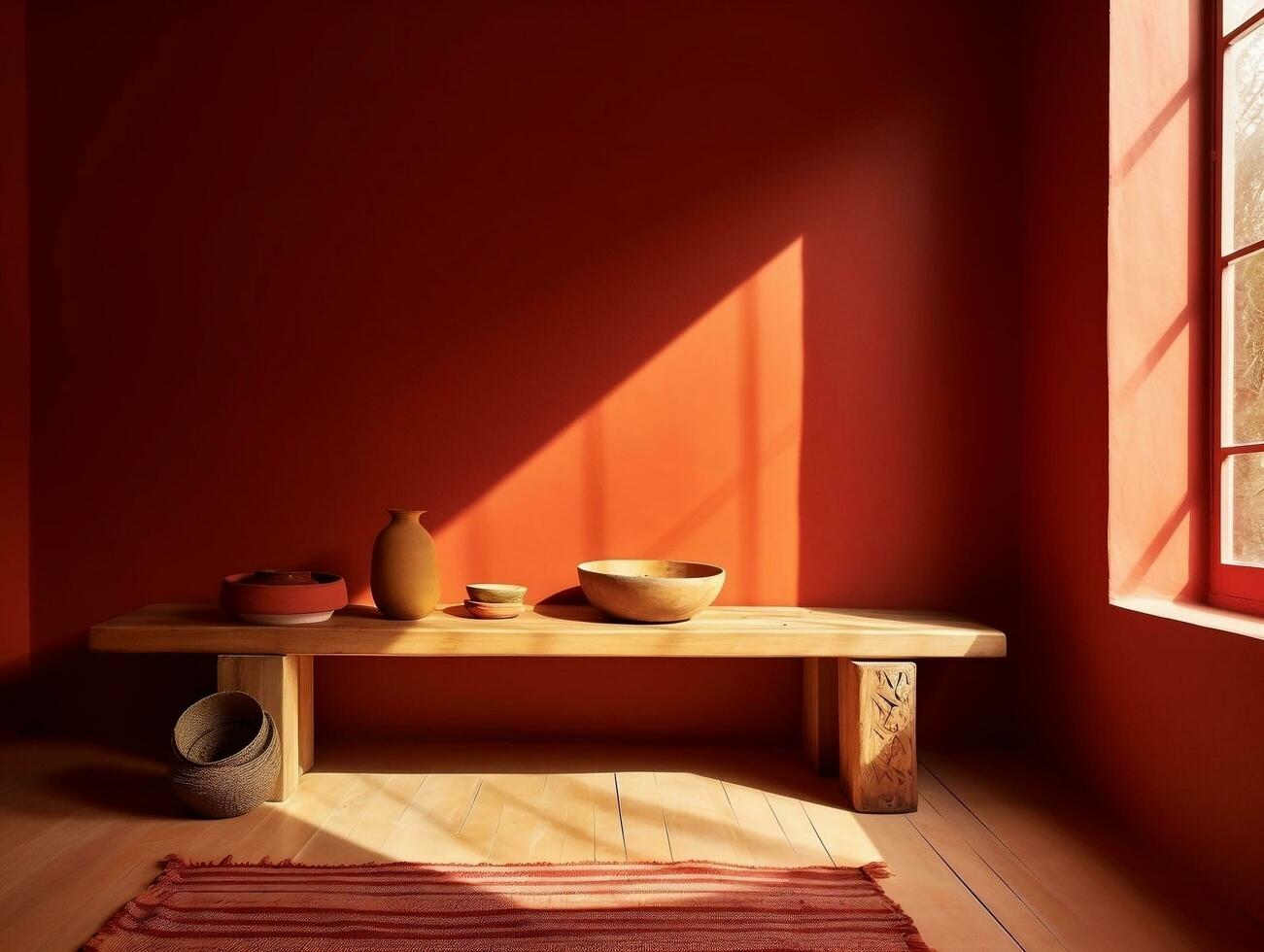 Modern room with red walls and wooden bench AI Generative photo