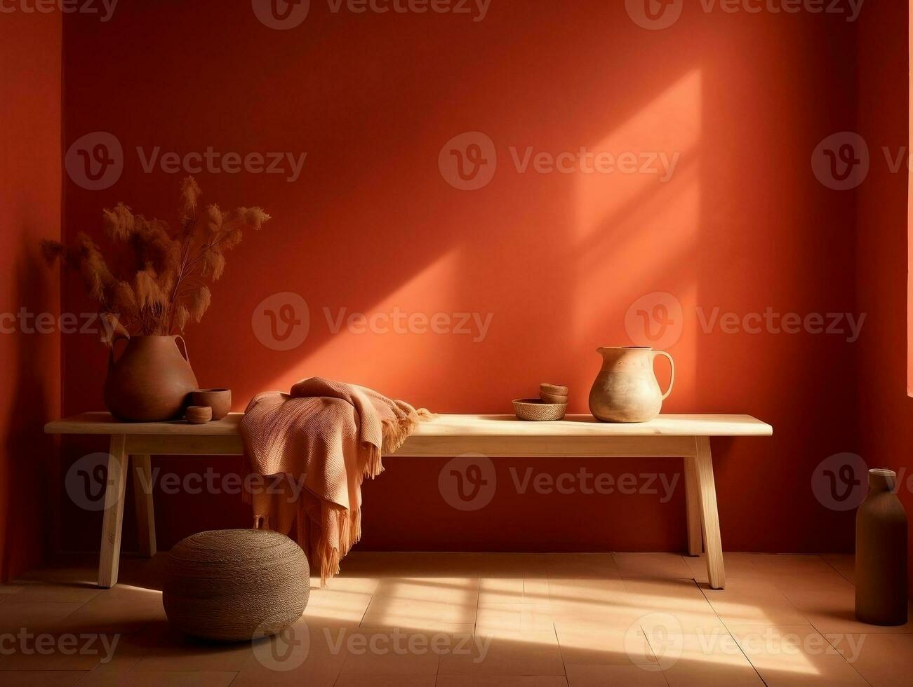 Modern room with red walls and wooden bench AI Generative photo