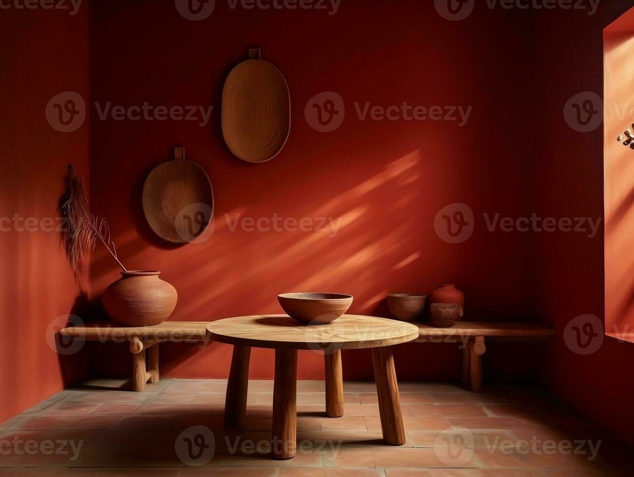 Modern room with red walls and wooden bench AI Generative photo