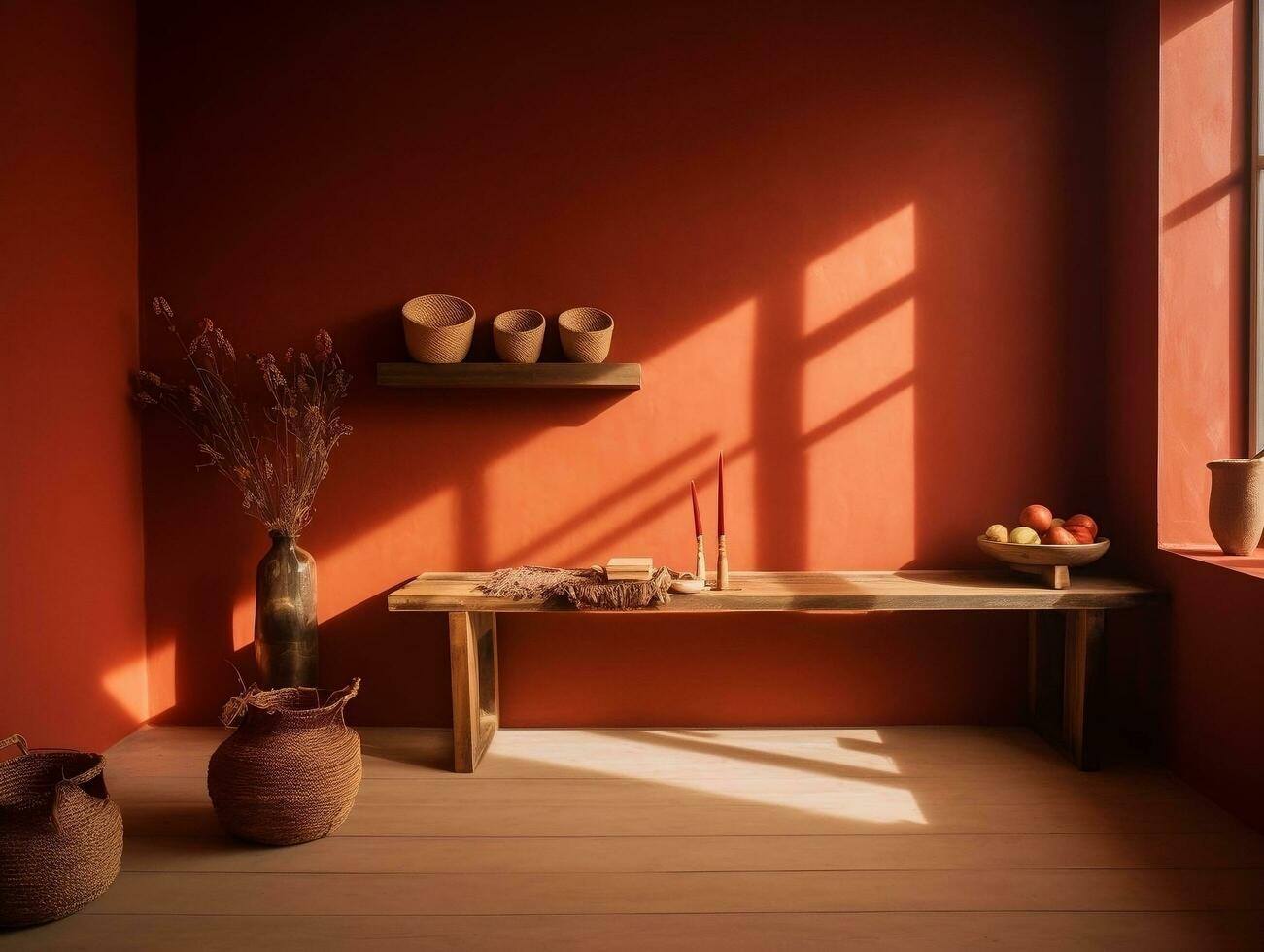 Modern room with red walls and wooden bench AI Generative photo