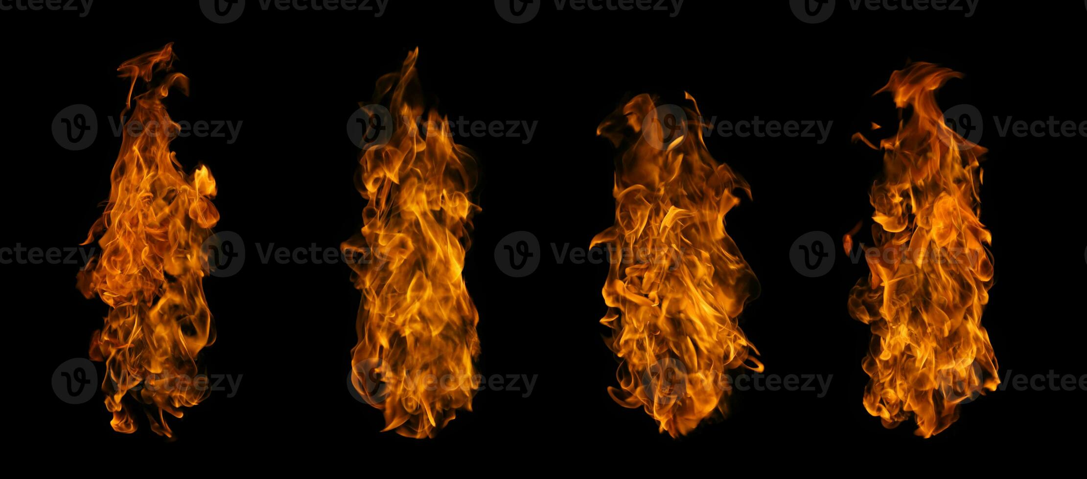 Fire collection set of flame burning isolated on dark background for graphic design usage photo