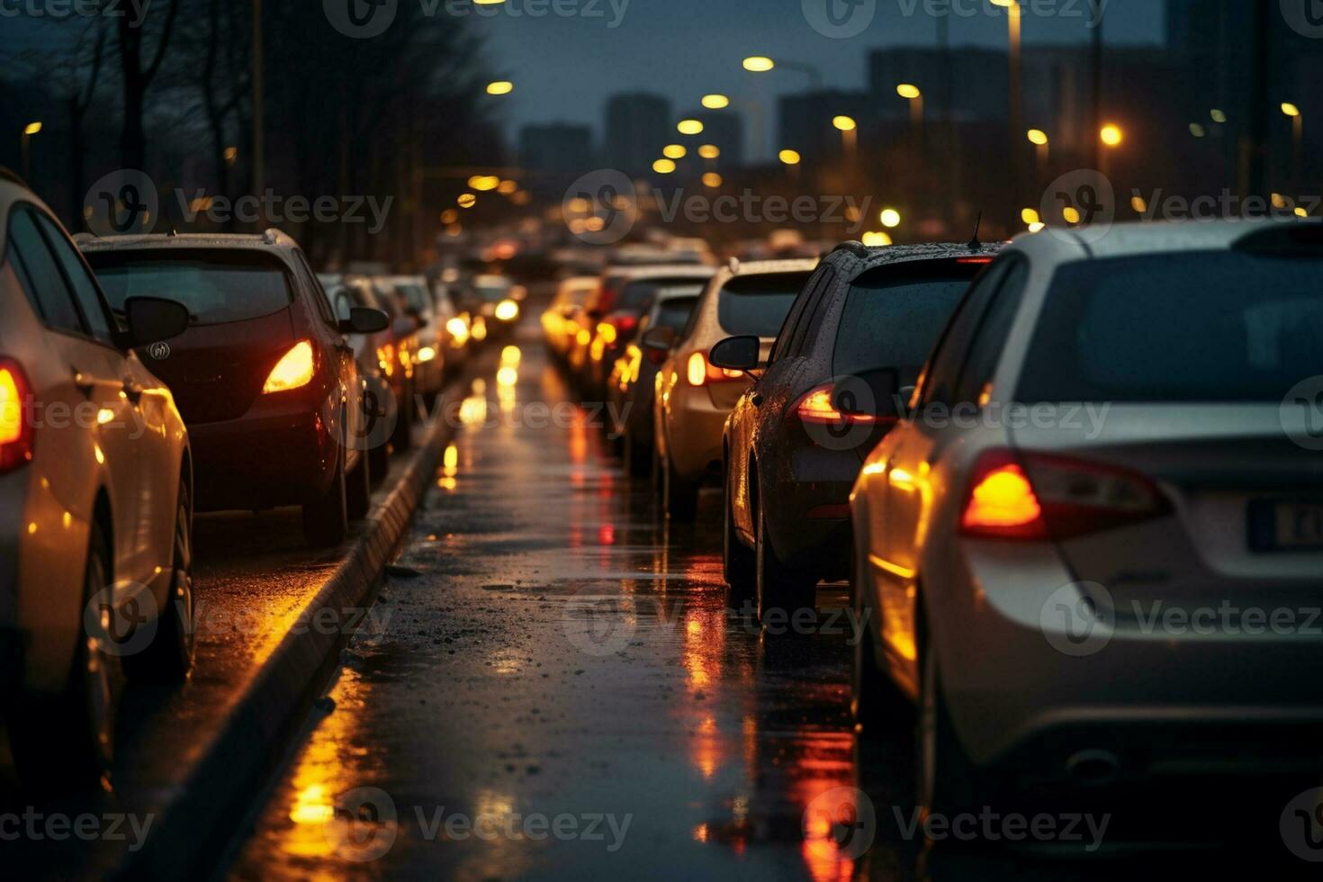 a huge line of traffic jam cars in a street bokeh style background with Generative AI photo