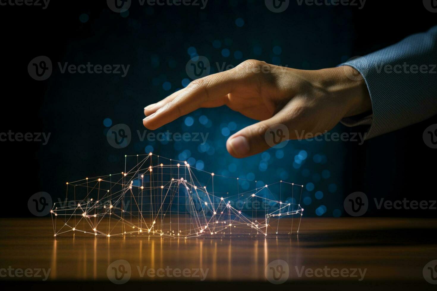 businessman investor hand touching a digital stock graph bokeh style background with Generative AI photo