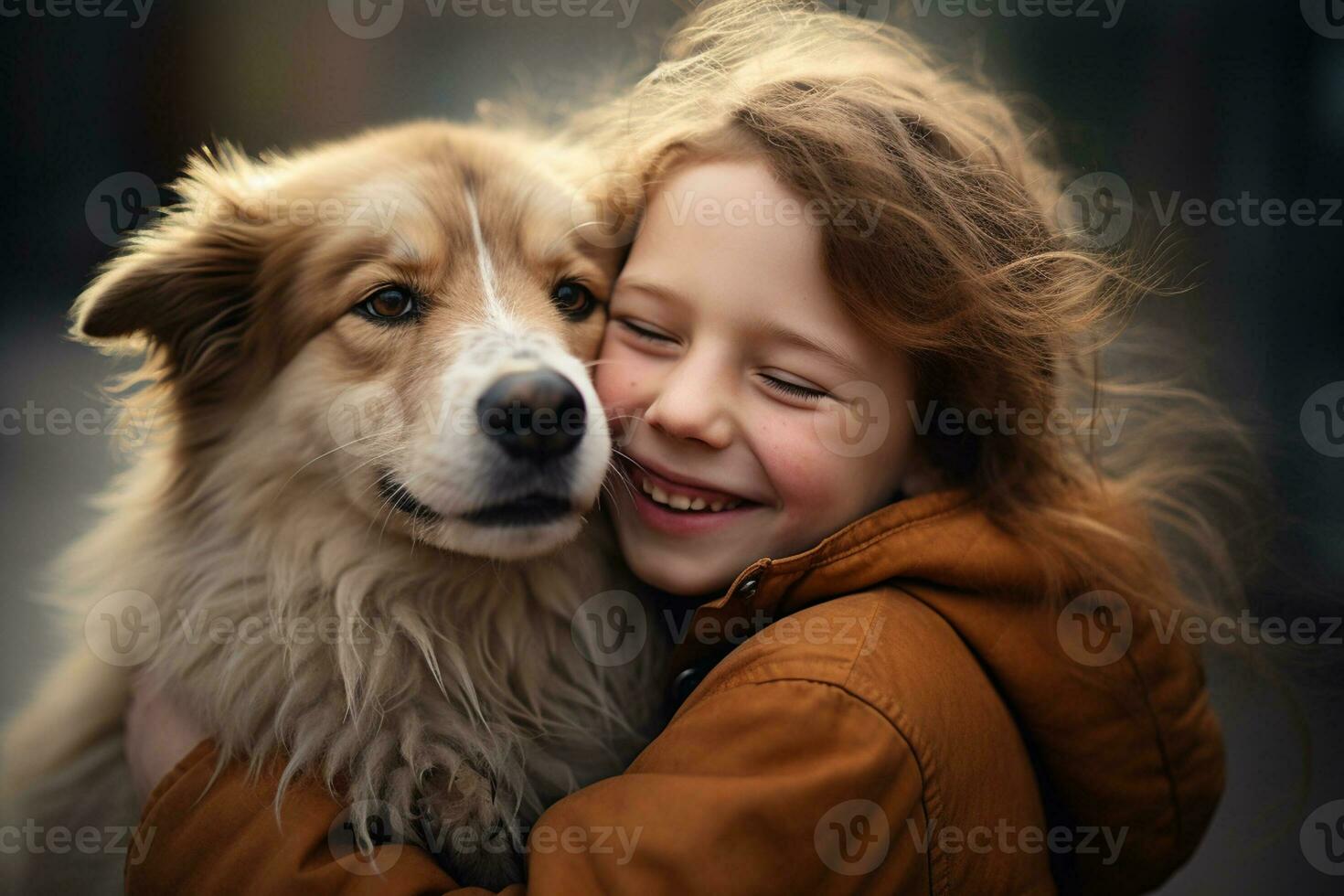 close up of young girl hugging her dog bokeh style background with Generative AI photo