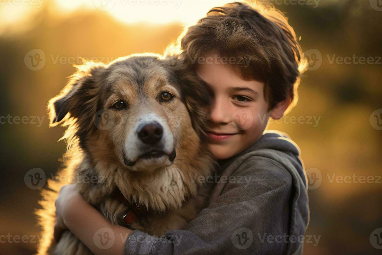 close up of young boy hugging his dog bokeh style background with Generative AI photo