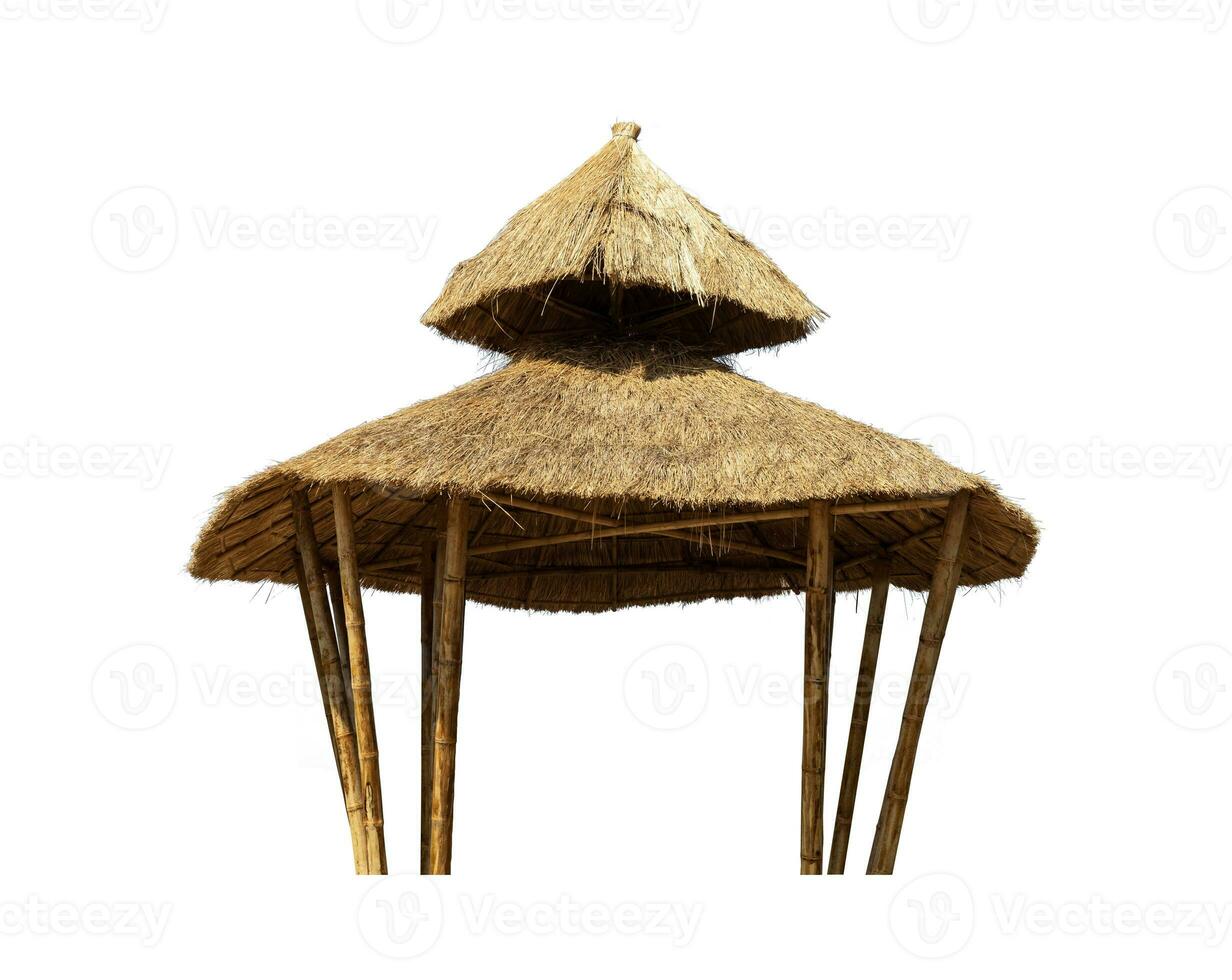 Thatch gazebo or outdoor pavilion with the roof made of coconut leaf isolated on white background for the beach design of hut and cafe usage photo