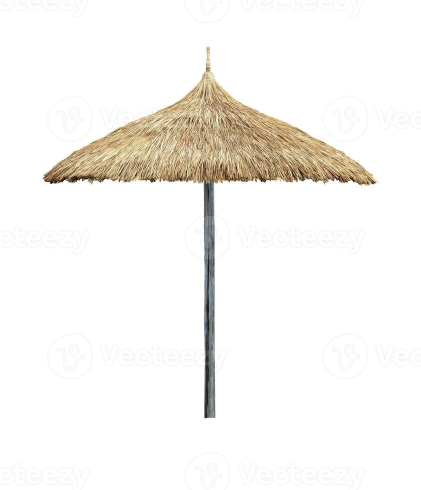 Single beach umbrella parasol made of coconut leaf isolated on white background for beach design concept photo