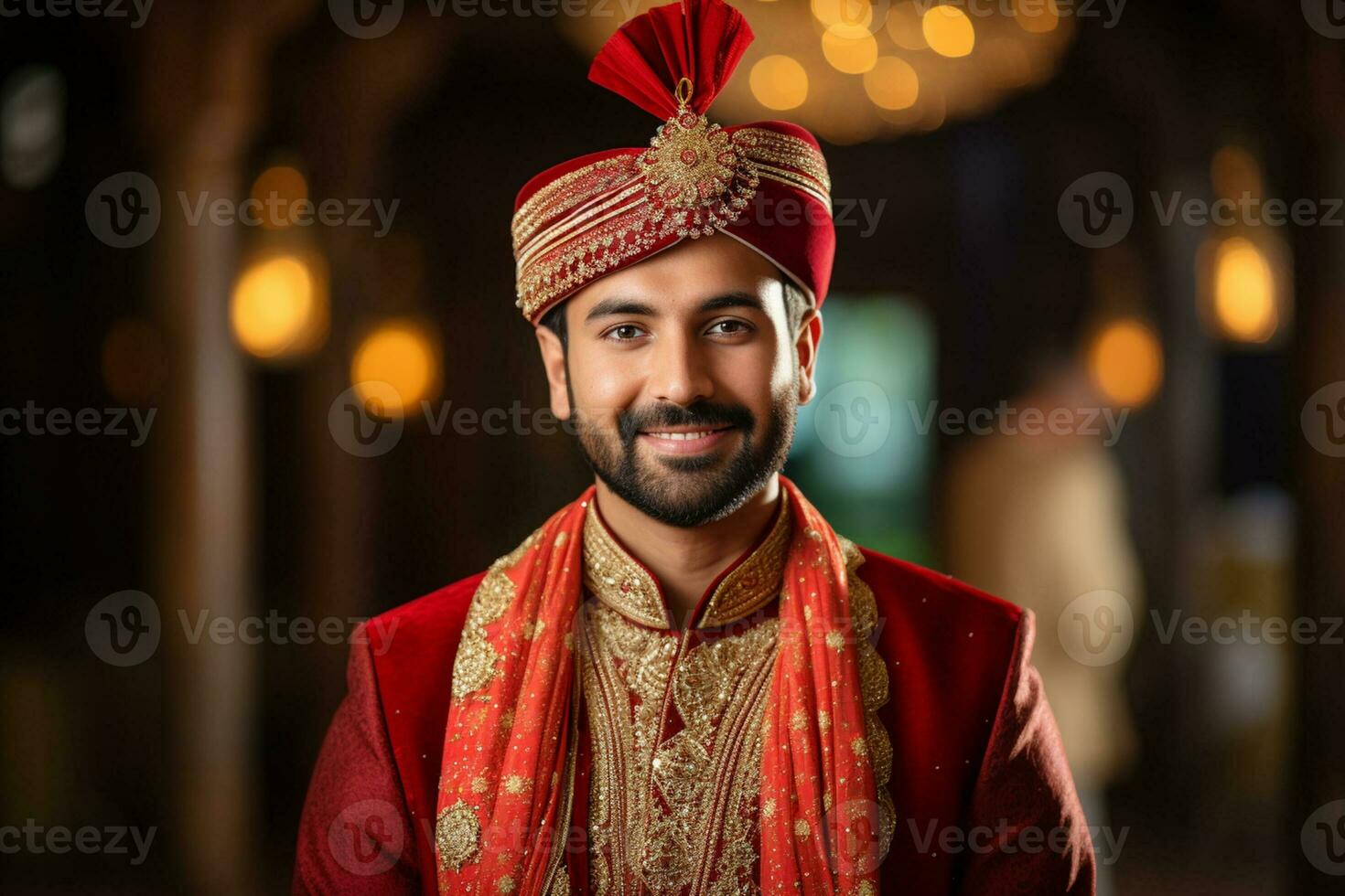 a indian groom in traditional dress smiling at the camera bokeh style background with Generative AI photo