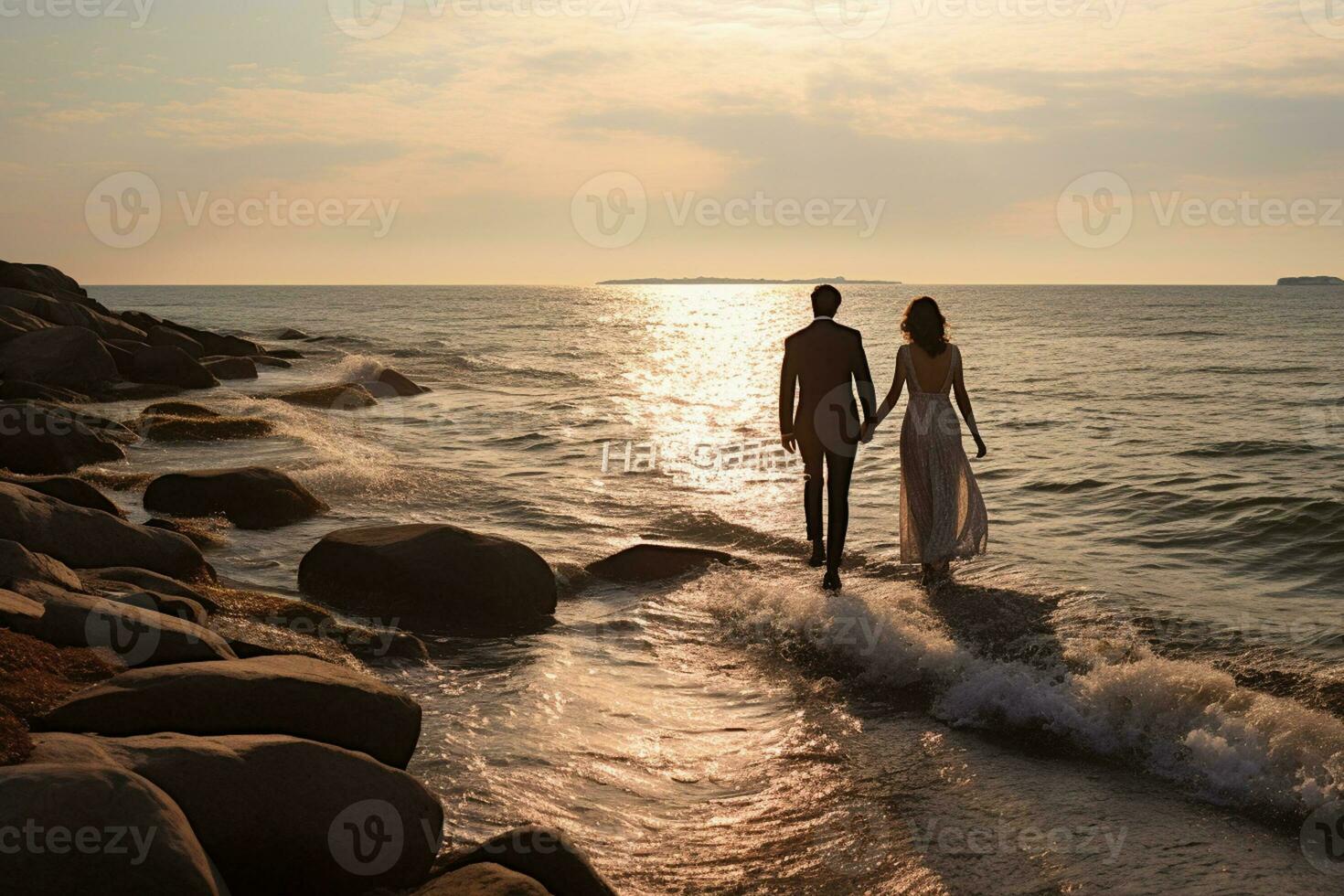 Married couple walking on the beach in front of the sunset background bokeh style background with Generative AI photo
