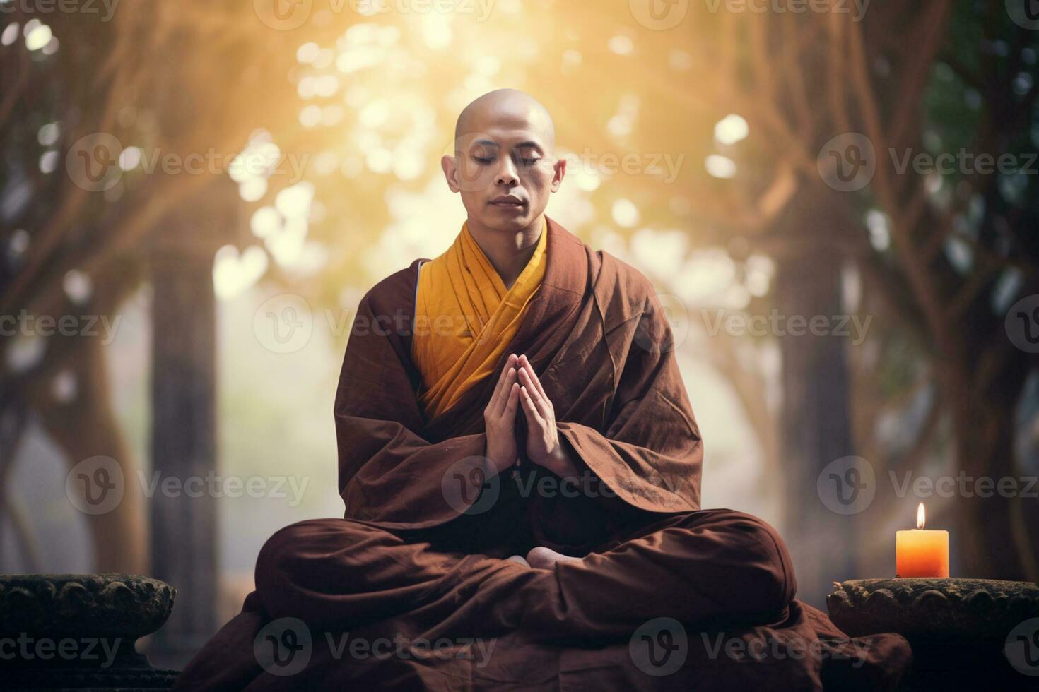 buddhist monk mindful meditation in front of natural background bokeh style background with Generative AI photo