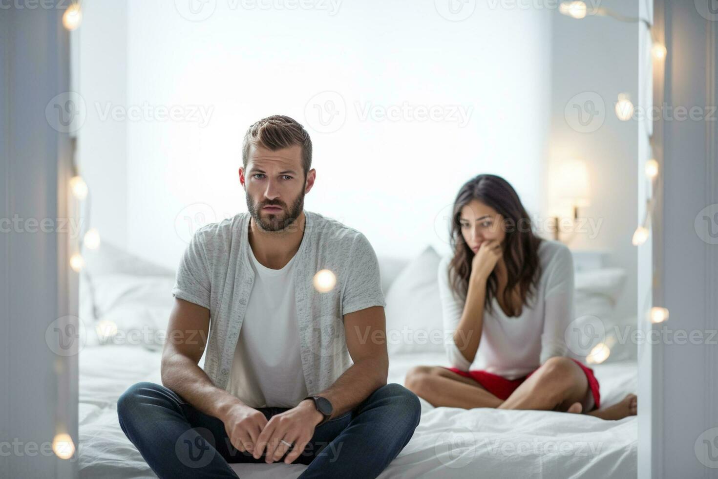 unhappy couple on bed with worried expression with Generative AI photo