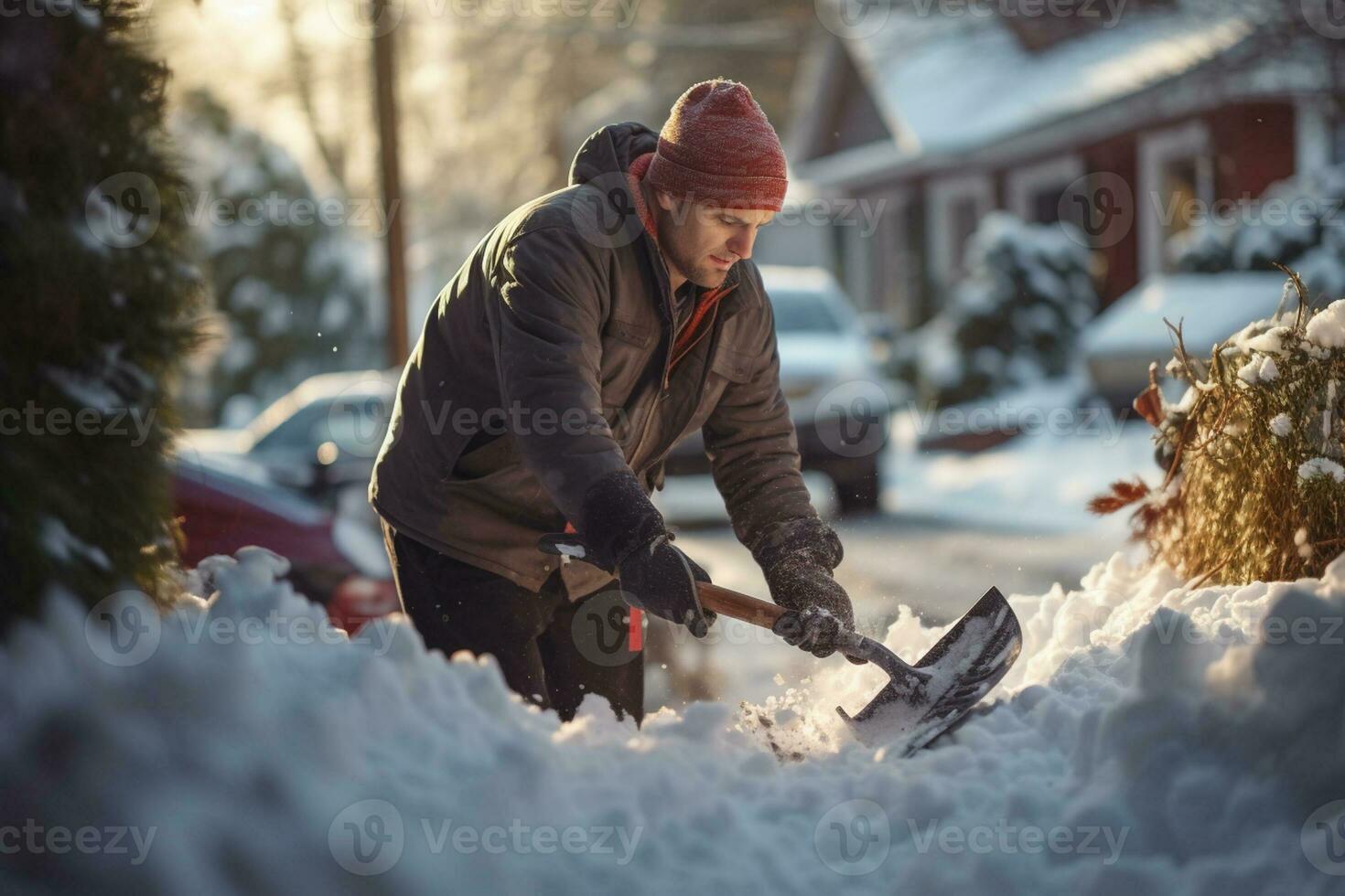 a man shoveling snow in front of his house in the winter season with Generative AI photo
