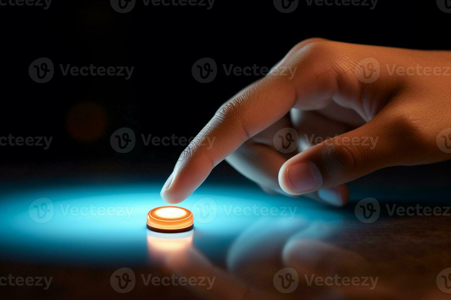 a finger pushing the red  button on the table bokeh style background with Generative AI photo