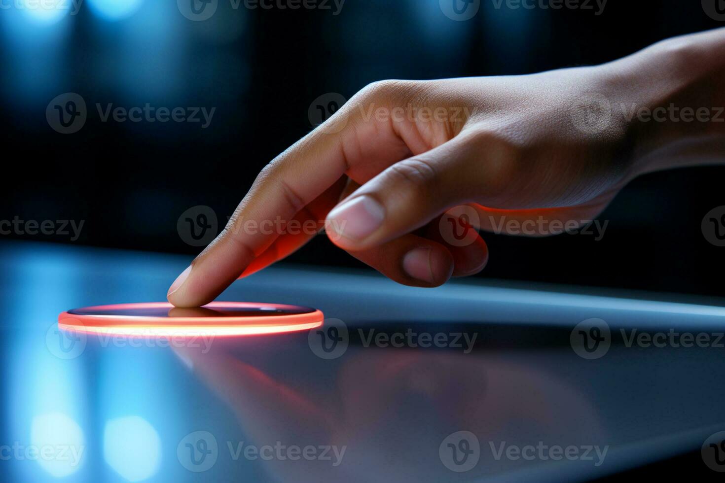 a finger pushing the red  button on the table bokeh style background with Generative AI photo