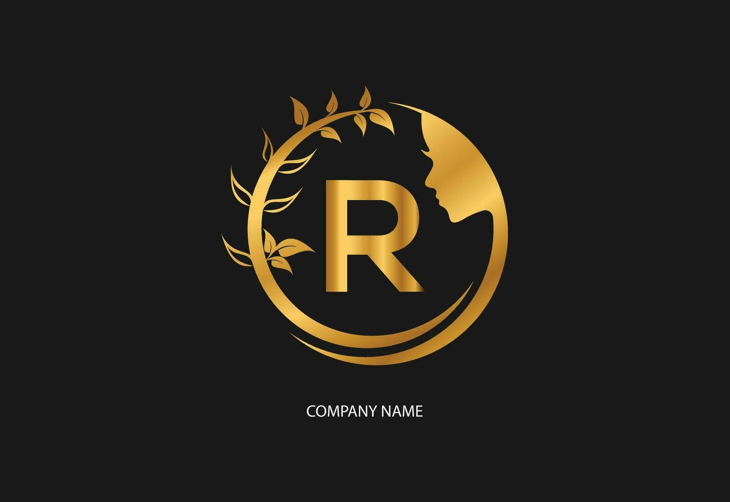 Beauty logo initial letter R with golden style color and leaf. Natural beauty logo template vector