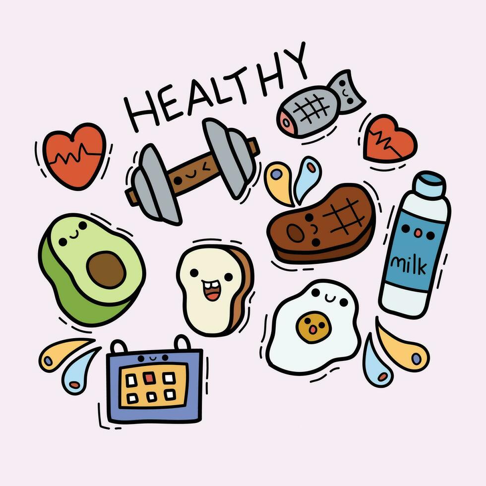 This is a collection of cute doodle images with healthy themes, this is perfect for your various needs such as stickers and others vector