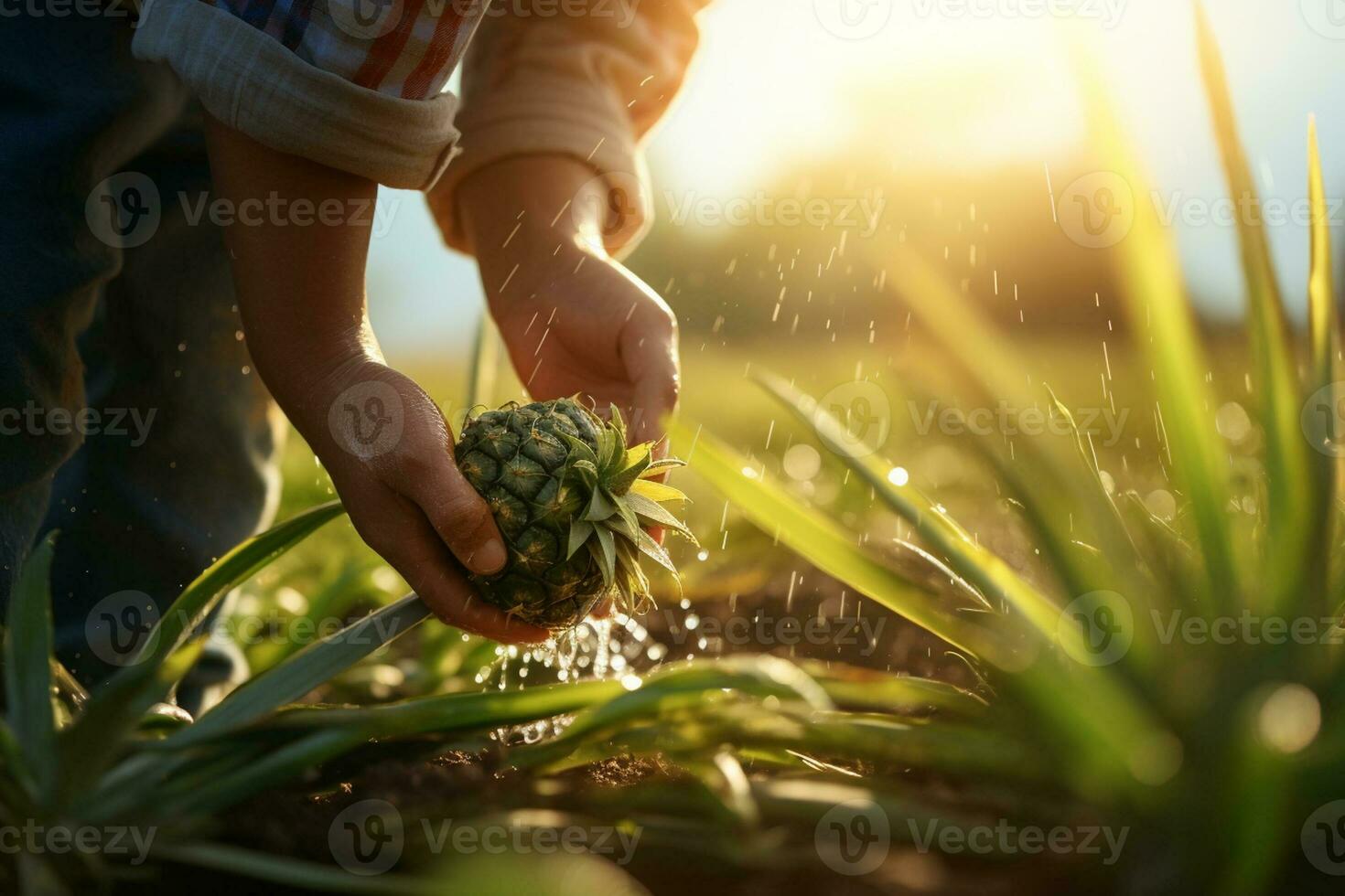 farmer hand harvesting pineapple in pineapple farm bokeh style background with Generative AI photo