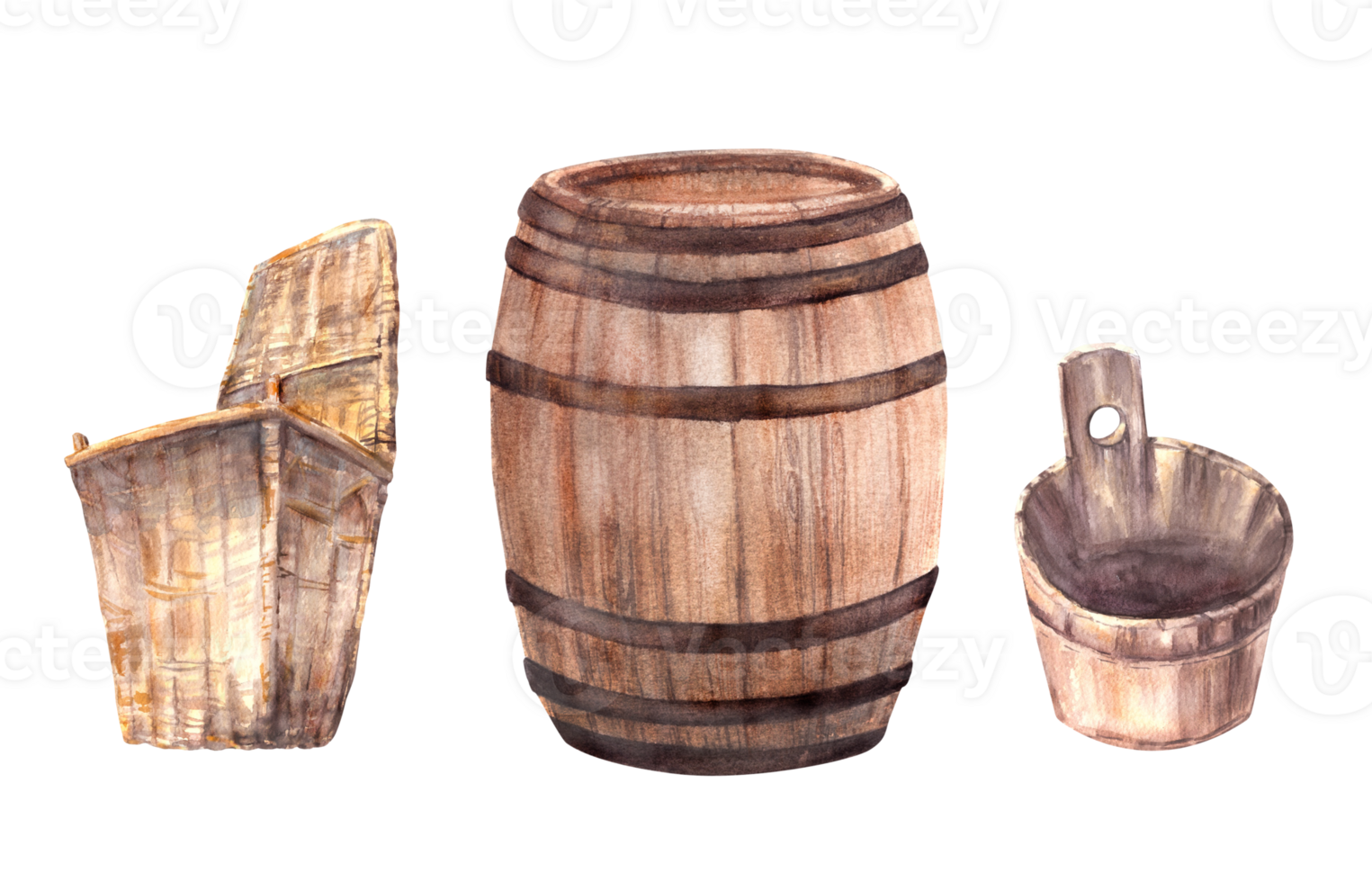 Wine barrel with wooden bucket and wicker basket for the vegetable or fruit harvest. Watercolor hand draw Illustration for your print of winemaking label, menu, , sticker png