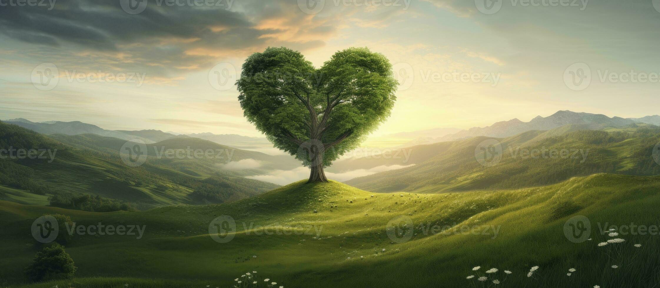 Heart-Shaped Tree on Green Pasture for Valentine's Day. AI Generated photo