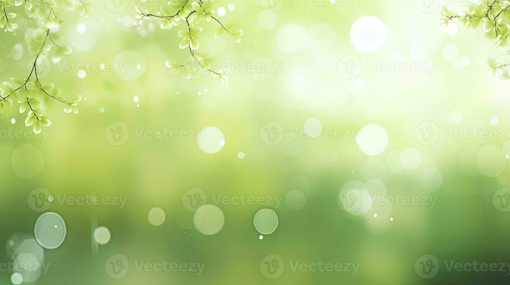 Spring-Themed Abstract Banner with Green Blurred Bokeh Lights. AI Generated photo