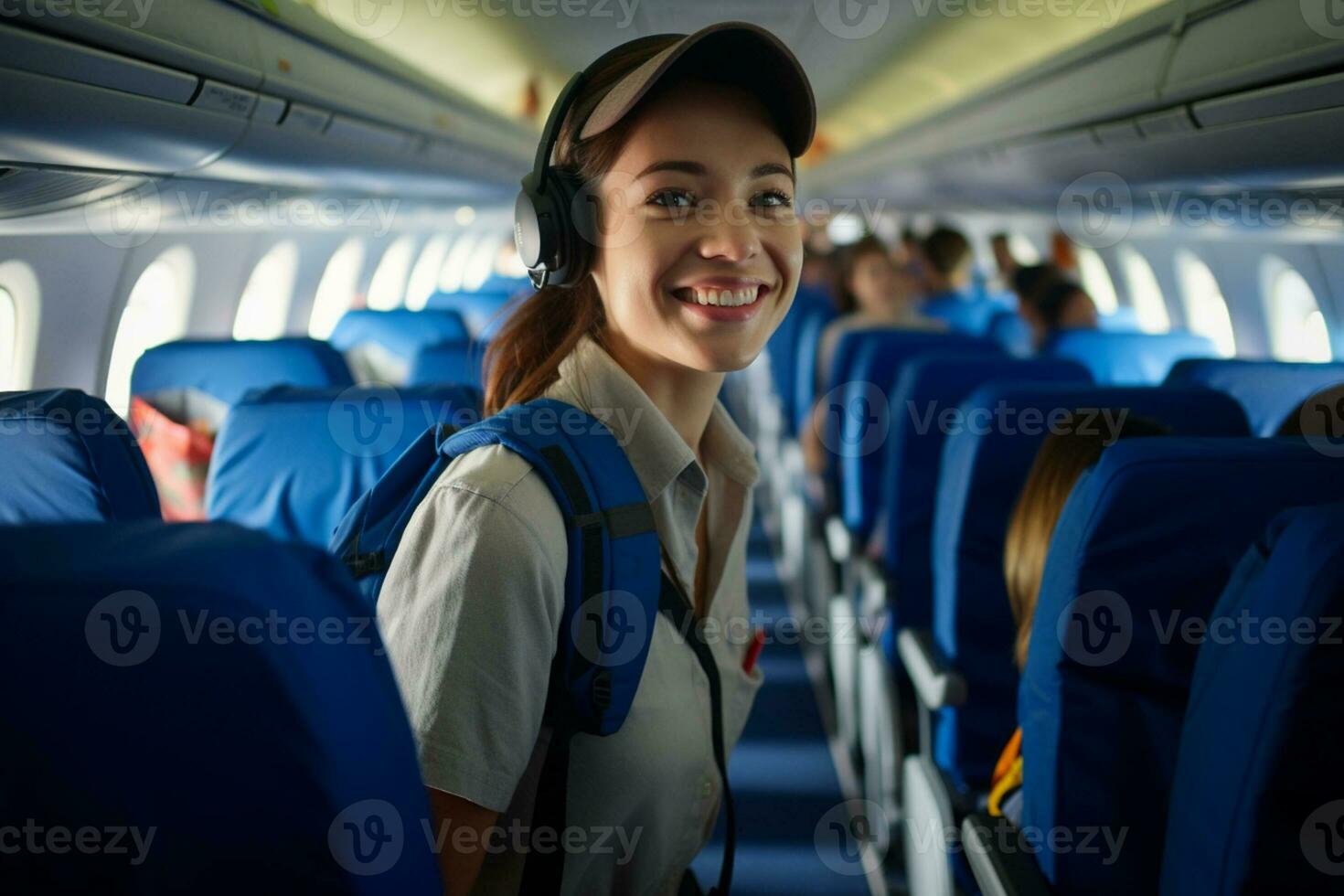 female backpacker traveler passenger Smiling in the airport in front of the crowd people bokeh style background with Generative AI photo