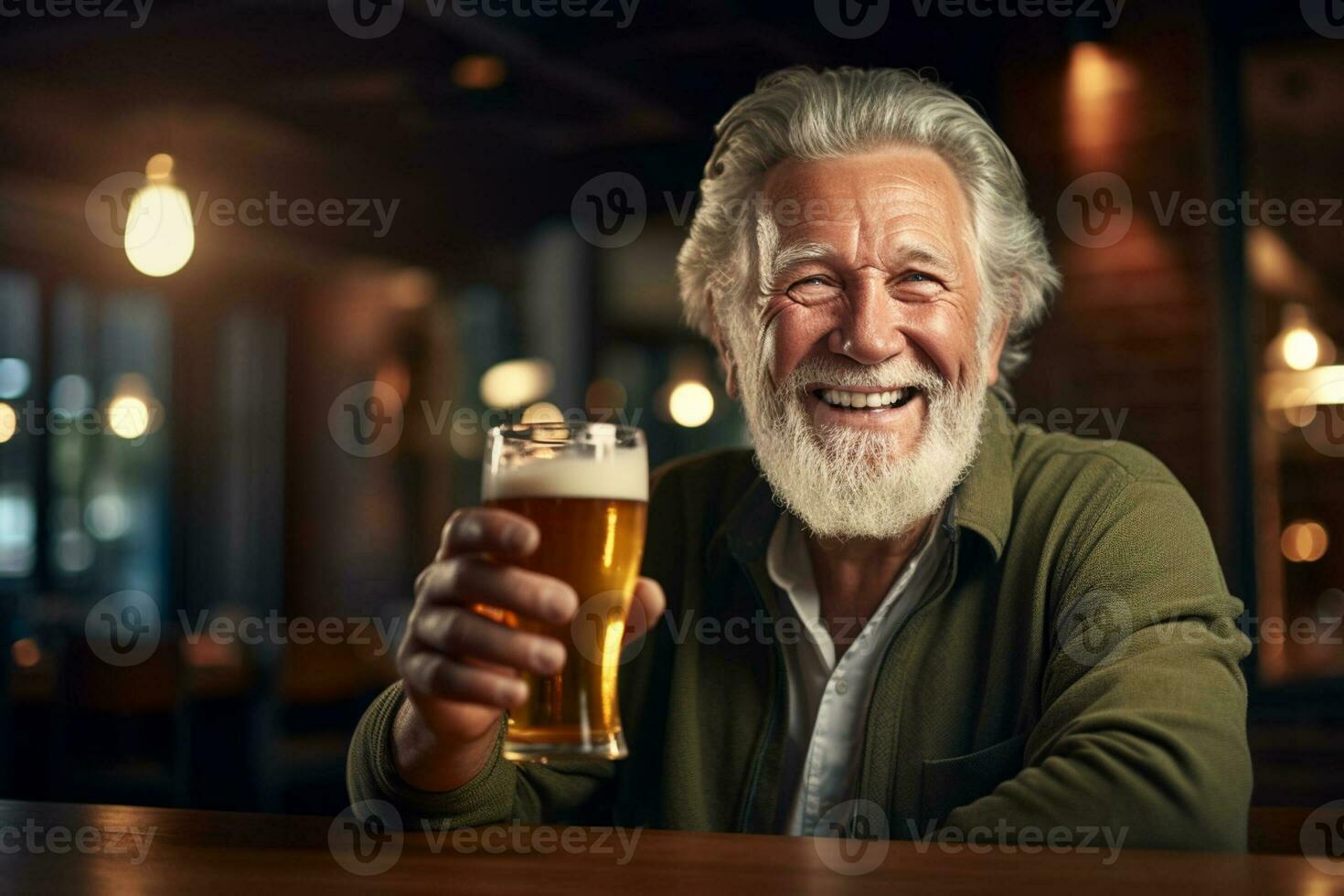 happy old man holding a beer on the bar counter bokeh style background with Generative AI photo
